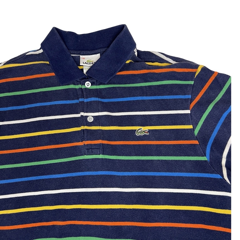 Lacoste Polo Shirt Size Large Navy Blue Multicolor Striped Short Sleeve Cotton L